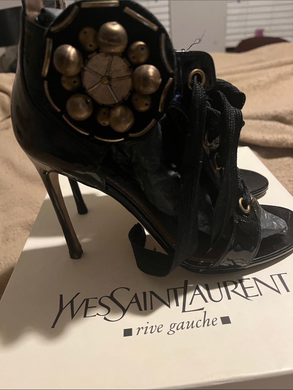 Yves Saint Laurent Black Patent Lace-Up High Heel Sandals with Gold Medallion